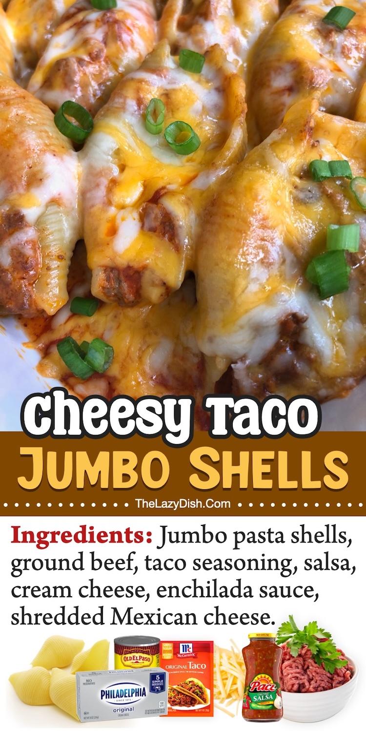 Cheesy Taco Jumbo Stuffed Shells | Pasta mixed with Mexican inspired ingredients! A fun twist on dinner. This yummy ground beef casserole has become a family favorite. It's easy enough to make any night of the week!