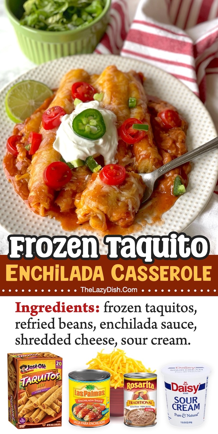 Frozen Taquito Enchilada Casserole | It doesn't get any easier than this! Try baking frozen taquitos with enchilada sauce to make this fun family weeknight meal. A great recipe for beginners or anyone with a large family to feed on a budget. 