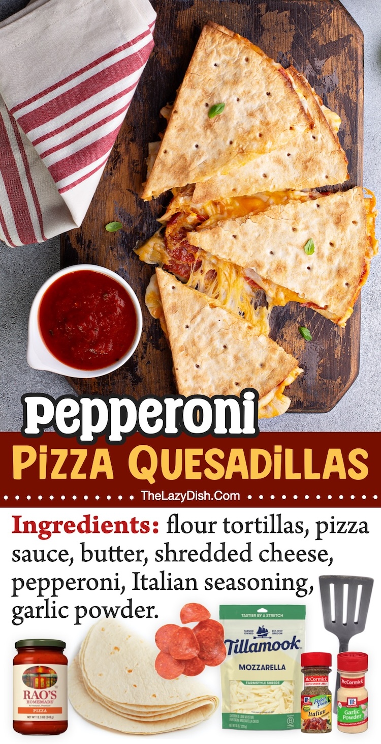 Pepperoni Pizza Quesadillas | This is how you take quesadillas up a notch! Stuff them with pepperoni and serve with pizza sauce for a fun weeknight meal that's quick to make. Just perfect for a family with picky kids to feed. 