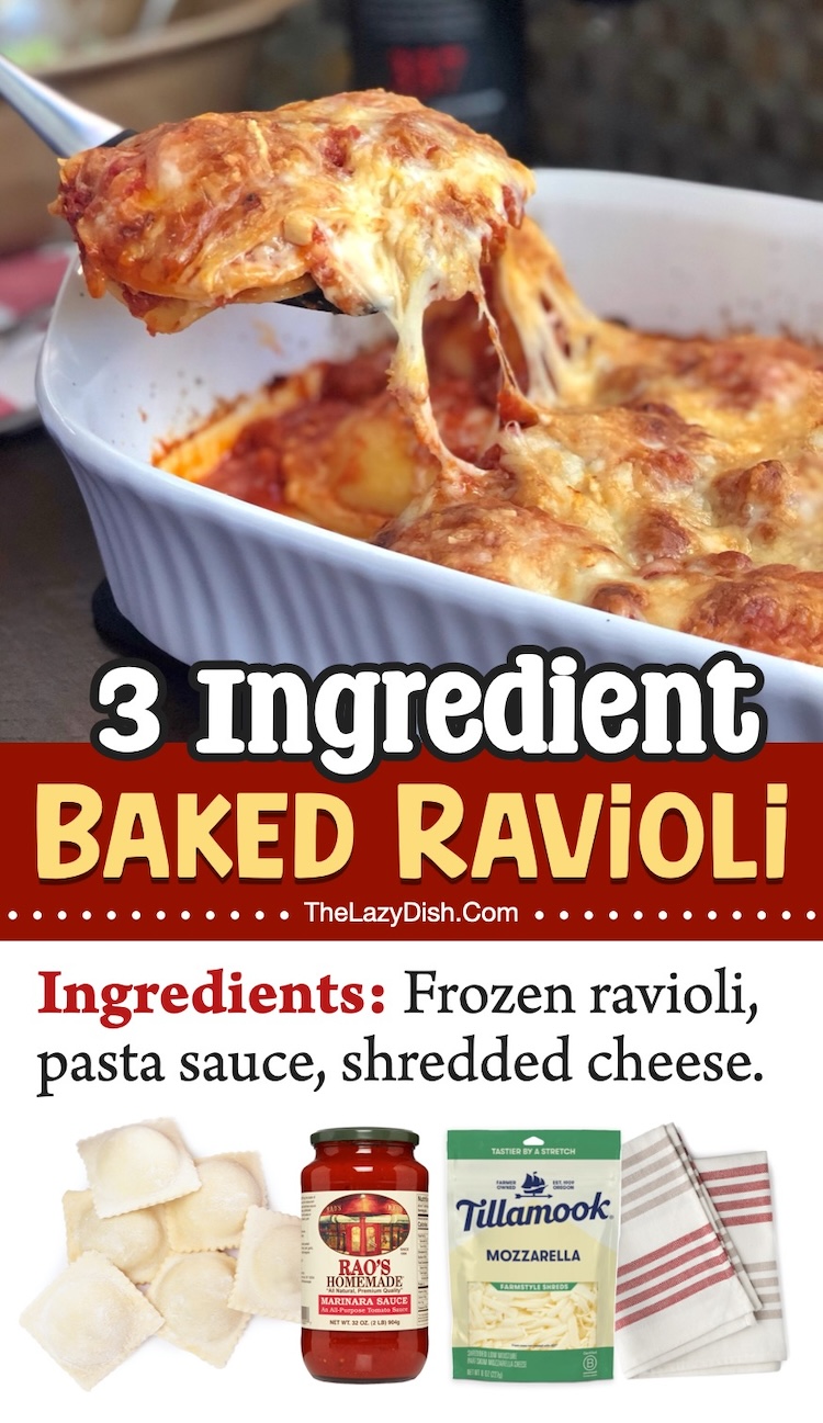 3 Ingredient Baked Ravioli | Crazy easy yet your kids are going to love this simple weeknight meal! It's fun to make and totally customizable. Just layer frozen ravioli with pasta sauce and cheese. 