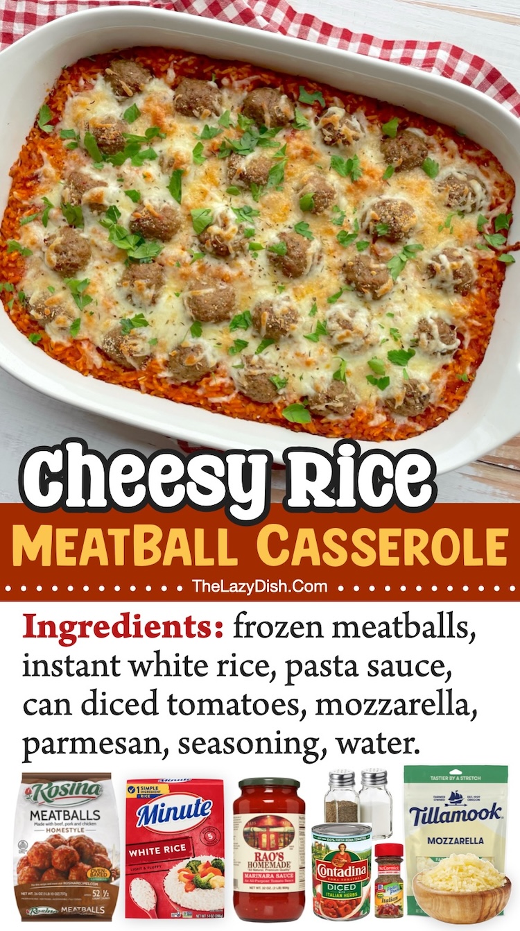 Cheesy Rice & Meatball Casserole | Are you getting tired of cooking boring dinners every night? Try this frozen meatball casserole! It's cheesy, delicious, easy to make, budget friendly, and a nice fun change for your dinner rotation. 