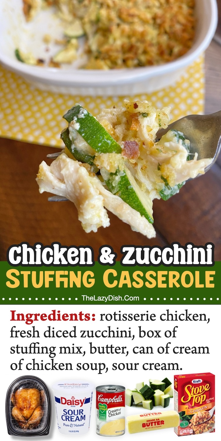 Chicken & Zucchini Stuffing Casserole | Are you looking for fun and easy chicken dinner ideas to make? My picky eaters love this amazing casserole! It's topped with a crunchy layer of stuffing and loaded with lots of creamy chicken and veggies. 