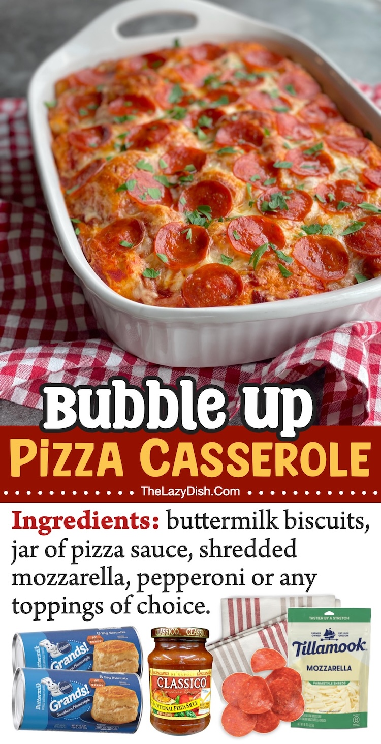 Bubble Up Pizza Casserole | This cheap and easy dinner recipe is super fun to make with refrigerated biscuits, pasta sauce, cheese, and the toppings of your choice. A great last minute dinner for busy school nights! My kids love this pepperoni pizza dinner casserole. 