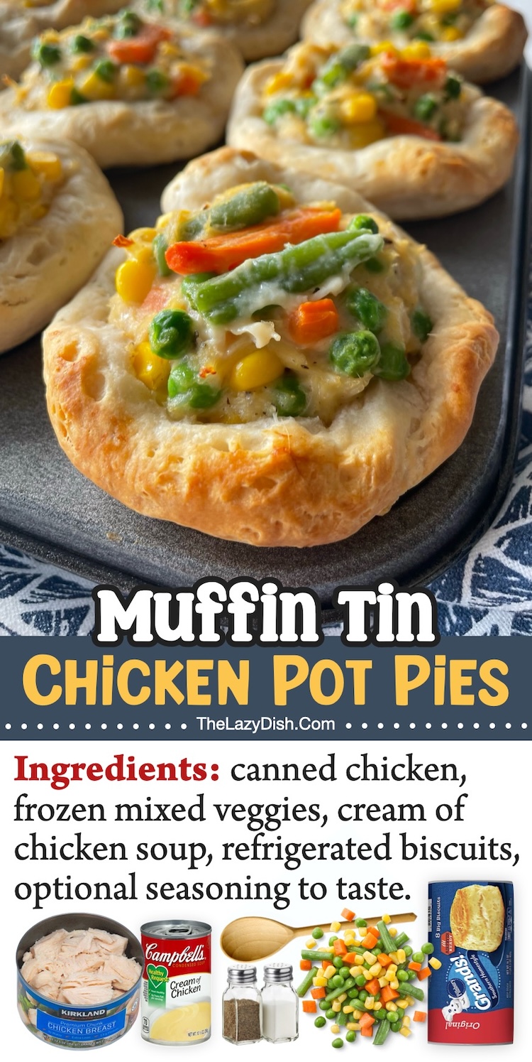 Muffin Tin Chicken Pot Pies | Make this fun and easy recipe for dinner tonight with just 4 ingredients! Your picky kids are going to go back for seconds and ask you to make these mini chicken and biscuit pot pies again and again. Such a fun muffin tin recipe for any night of the week. 