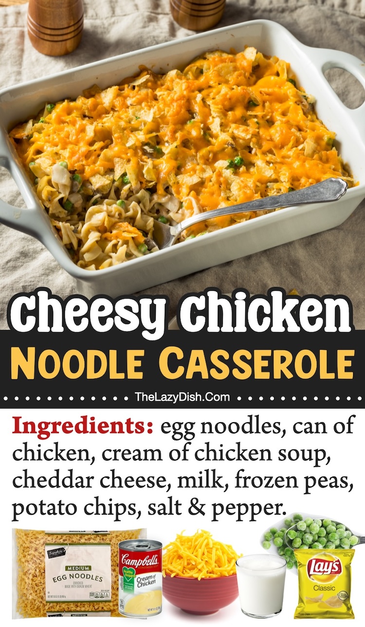 Cheesy Chicken Noodle Casserole With A Potato Chip Topping! Dinner has never been so easy and fun. Customize this amazing casserole with the veggies of your choice. Thanks to canned chicken and noodles, it's cheap to make and goes a long way. 