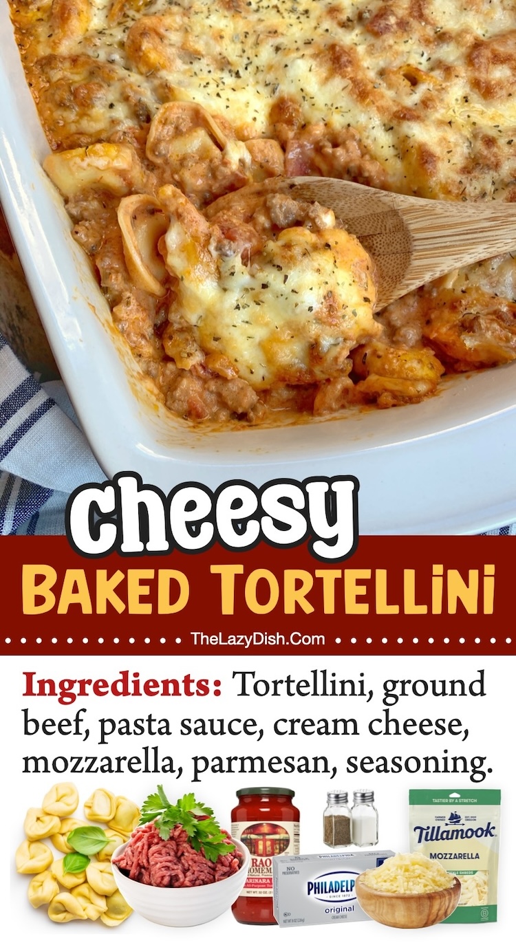 Cheesy Baked Tortellini With Meat Sauce | Are you looking for easy dinner recipes your family with go crazy for? This pasta casserole is probably the best comfort food you'll ever eat, plus it's fun to make with just a few common ingredients. 