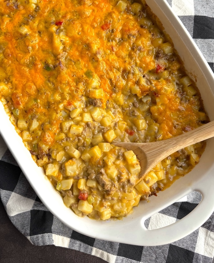 Delicious comfort food dinner recipe in a casserole dish made with ground beef and frozen potatoes. 