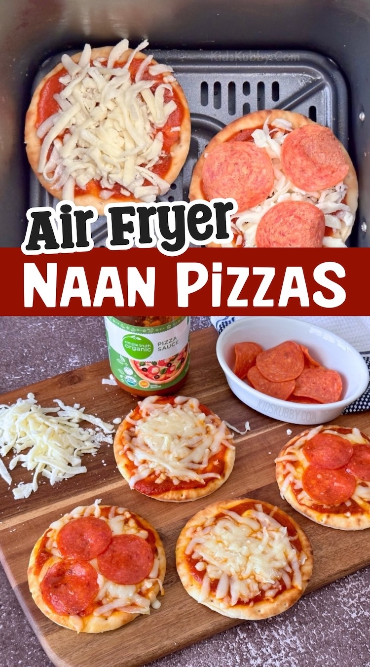 Delicious Pepperoni Pizzas made in less than 5 minutes in your air fryer! Naan rounds make for the perfect little pizza crusts, making dinner time fast and easy to make for your kids. This yummy pepperoni dinner is idea for busy casual weeknight meals at home. 