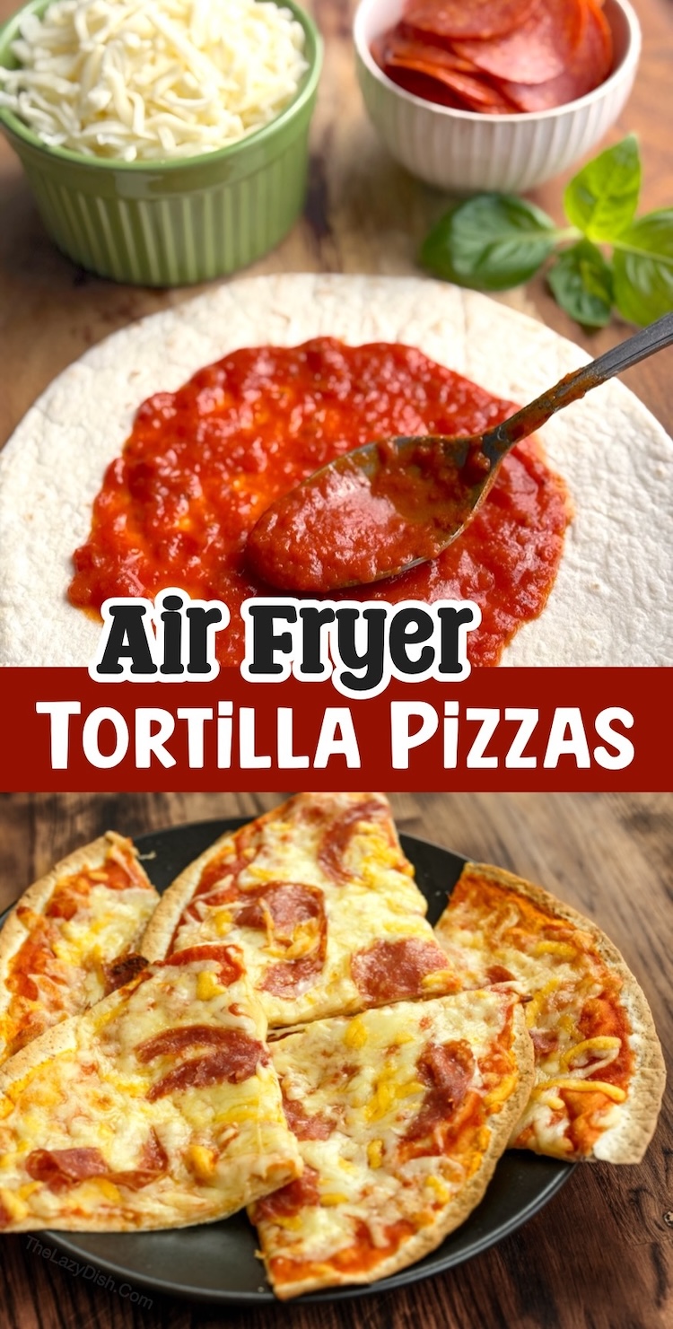 How to make pepperoni pizzas with tortillas in your air fryer oven! This quick and easy meal is perfect for a family with picky eaters. Load them up with all of your favorite pizza toppings, and dinner is ready in less than 15 minutes. 