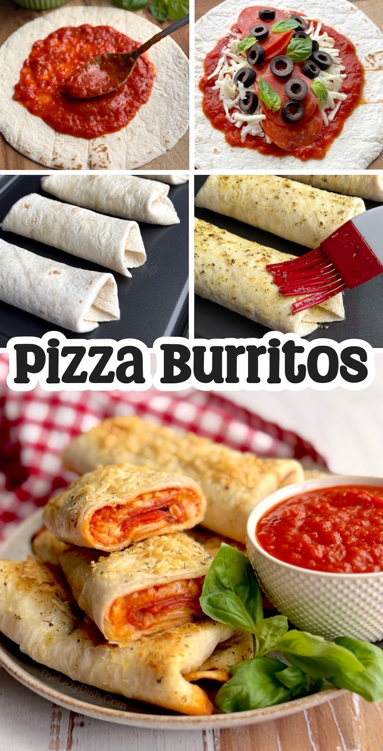 Baked Pizza Burritos are a tasty kid friendly dinner idea that's simple and quick to make with just a few budget ingredients. Customize this easy dinner recipe with all of your favorite pizza toppings and lots of gooey cheese. A great last minute meal for busy school nights and casual dinners at home. 