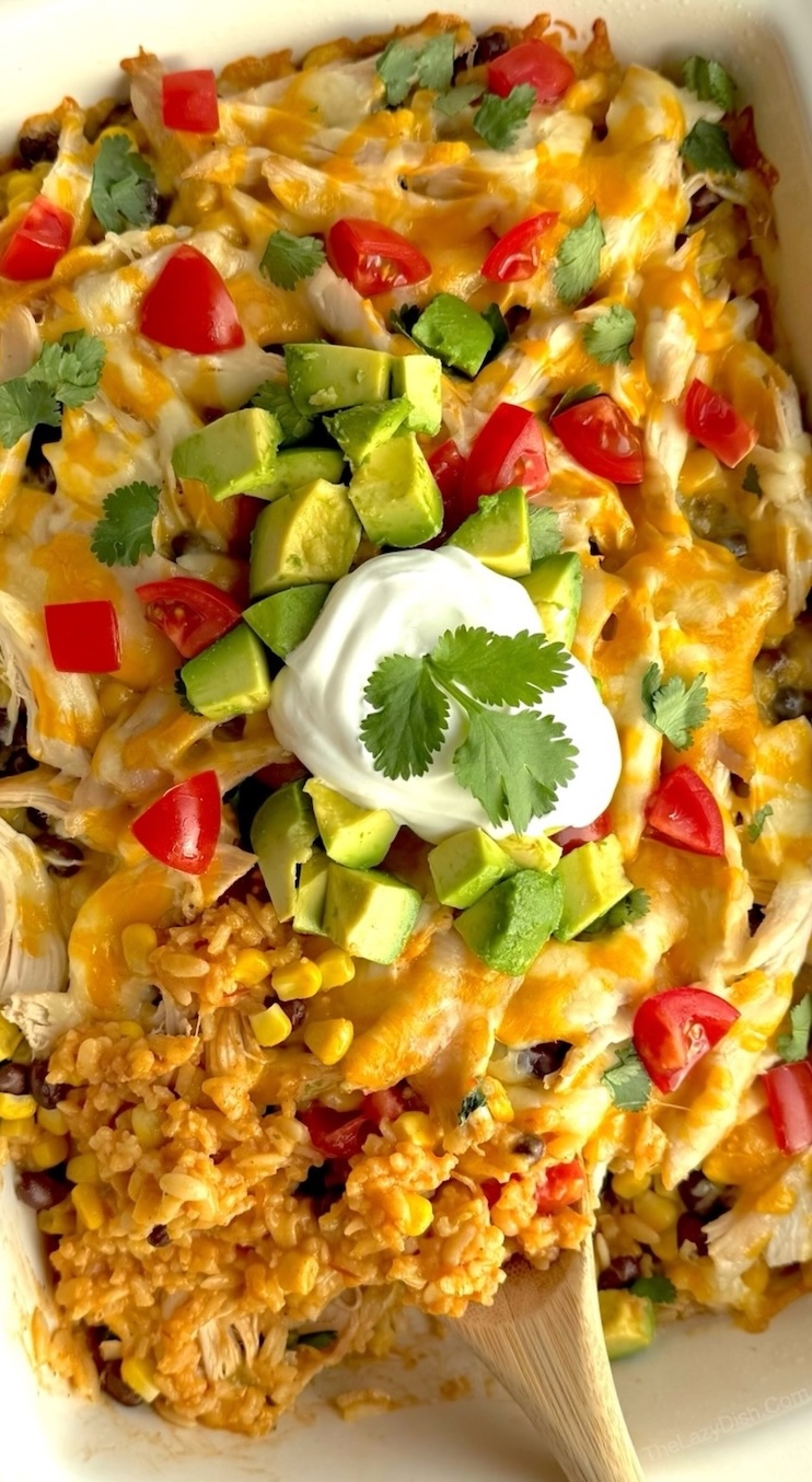 This delicious dinner idea feeds a large family on a budget and is made with simple and common ingredients including rotisserie chicken, Mexican rice, cheese, salsa, black beans, corn, and sour cream. 