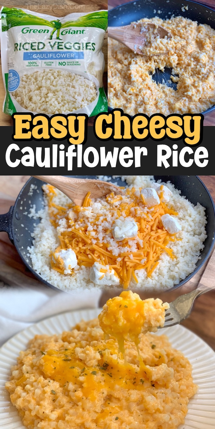 Cheesy cauliflower rice made from frozen! If you have picky kids at home but want them to get their veggies in at dinner time, this recipe is for you! They have no idea it's healthy and low carb. It's like Mac and cheese but loaded with veggies! Serve with chicken, steak, or sausage for a quick last minute meal. 