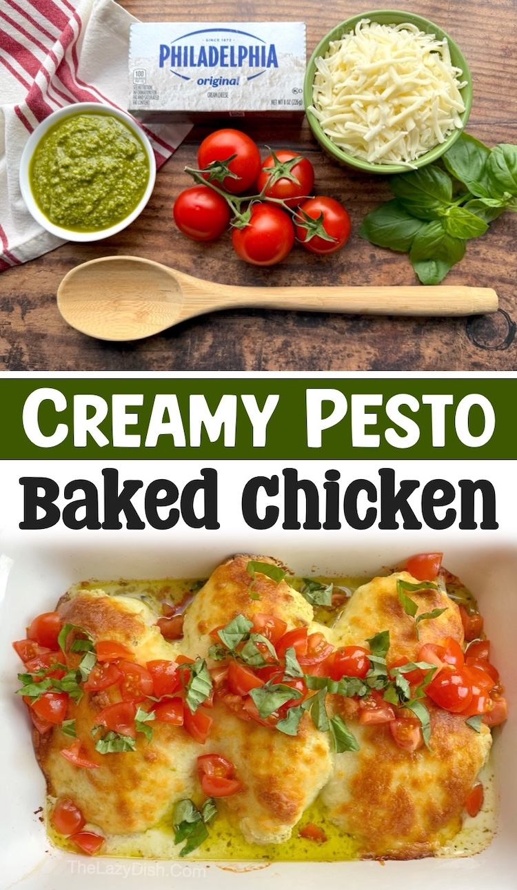 How to make a yummy chicken dinner recipe for your family with cream cheese and store bought pesto! This easy weeknight meal is a hit with my kids and husband. It's naturally low carb yet tastes like comfort food. Serve with pasta or potatoes!