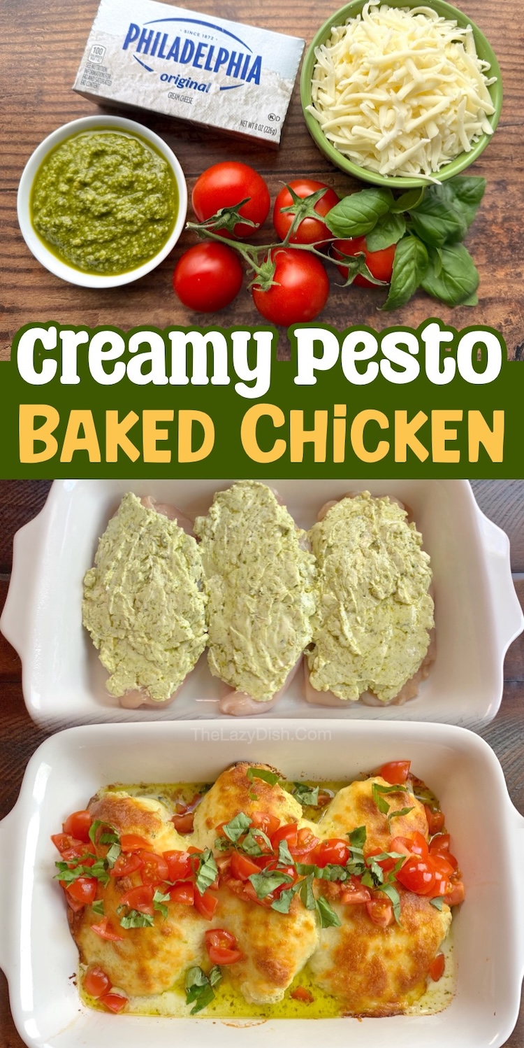 This easy family dinner recipe only takes 5 minutes to prepare before placing it in the oven to bake! Just mix together a block of cream cheese with pesto, spread it over the chicken, top with shredded cheese, and bake for a yummy kid friendly meal the entire family will enjoy on busy weeknights. It's easy, low carb, and totally delicious!