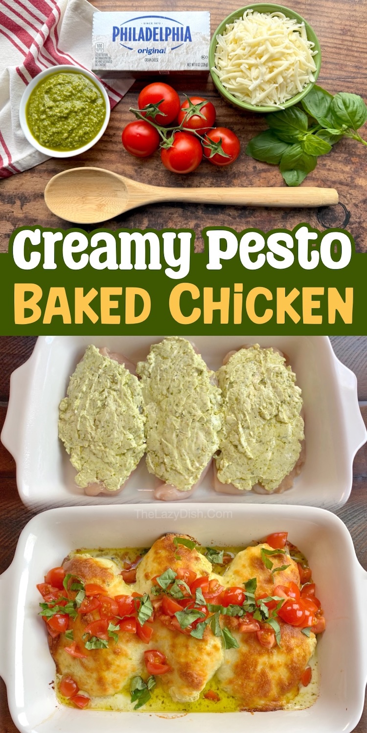 Are you looking for easy chicken dinner recipes? This amazing cream cheese and pesto chicken is made with just a few basic ingredients and is quick to prepare. This versatile dinner is family friendly, kid approved, and a healthy option for the entire family. Healthy comfort food! This oven baked chicken is naturally low carb but perfect for your picky eaters as well. 