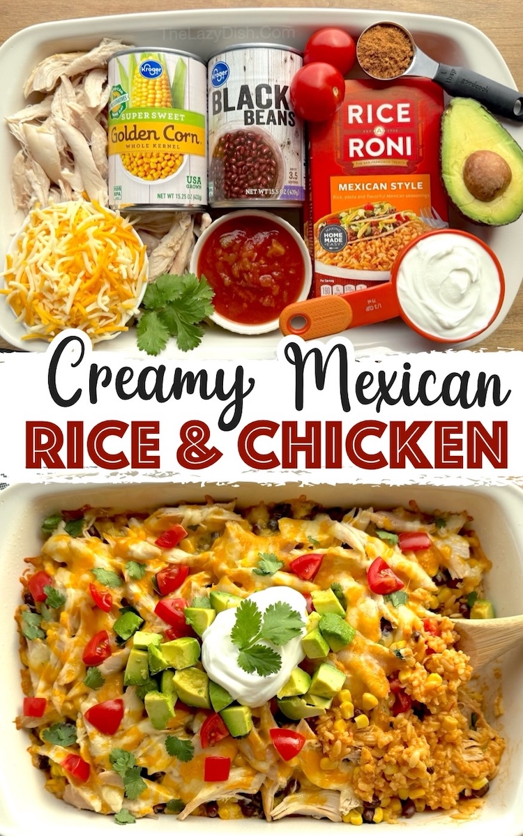 If you're searching for budget meals for large families, this creamy Mexican rice and chicken casserole is the most requested recipe from my kids. It's not only cheap and easy to make, it's so tasty and versatile! Make it your way with any instant rice, beans, corn, chicken, and lots of cheese. Add it to your dinner menu for busy weeknight meals. 