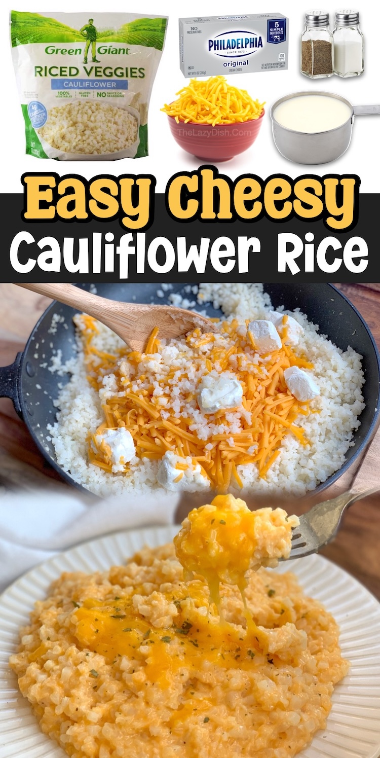 Are you searching for healthy low carb side dish recipes to make for dinner? You've got to stock your freezer full of frozen cauliflower rice! It's just perfect for making last minute vegetable side dishes, and this cheesy recipe is kid friendly and quick to make in less than 10 minutes. Serve with chicken or steak for a yummy meal!