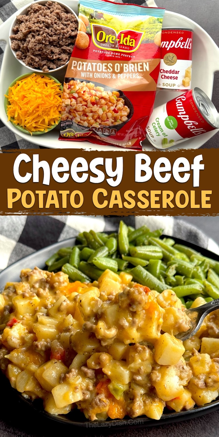 If you're looking for easy budget friendly dinner ideas for a family with kids, try this cheesy beef and frozen potato casserole! It only takes 10 minutes to prepare and then bake in the oven with cheap ingredients. The ultimate comfort food! 