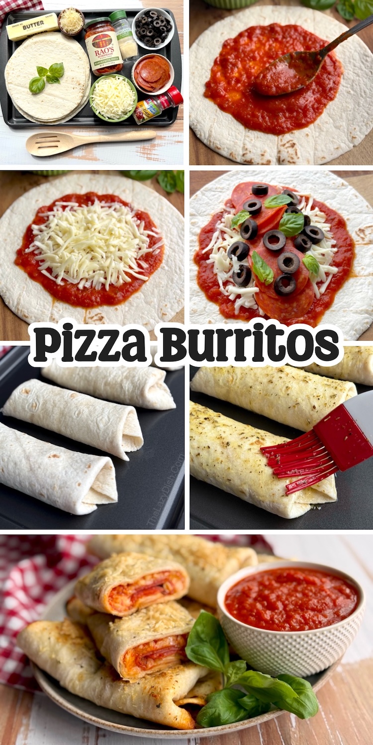 This yummy dinner idea can be made for a family or even a quick meal for one! Pizza Burritos are flour tortillas stuffed with pizza sauce, cheese, and pepperoni, rolled into a burrito, brushed with garlic butter, and baked or air fried for a quick weeknight dinner. 