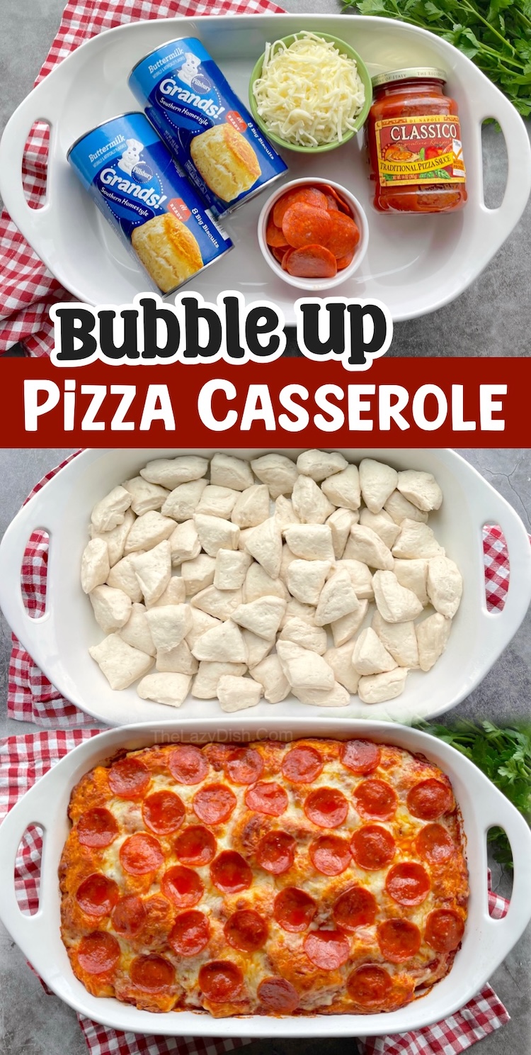 Load this easy pizza casserole up with a layer of refrigerated biscuits, pizza sauce, lots of shredded cheese, pepperoni, plus any other toppings that your family enjoys. It's fun and simple to make for casual dinners at home, and picky eater approved!