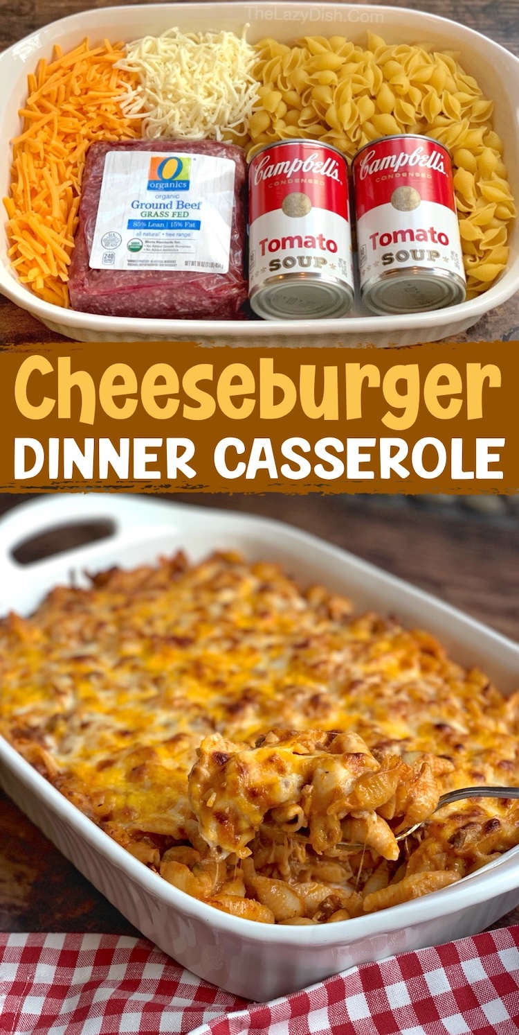 This kid friendly dinner is perfect for all of you busy moms and dads on a budget. Ground beef, pasta, tomato soup, and lots of gooey cheese come together to make a yummy dinner casserole for your picky eaters. This cheesy comfort food is always on the dinner menu at my house. It's quick and easy, freezable, cheap to make, and yummy!