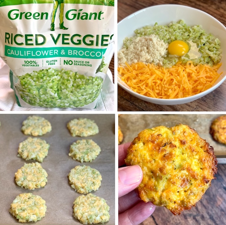 Step By Step Instructions: How to make crispy broccoli cheese bites for a healthy snack with frozen broccoli or cauliflower rice. 