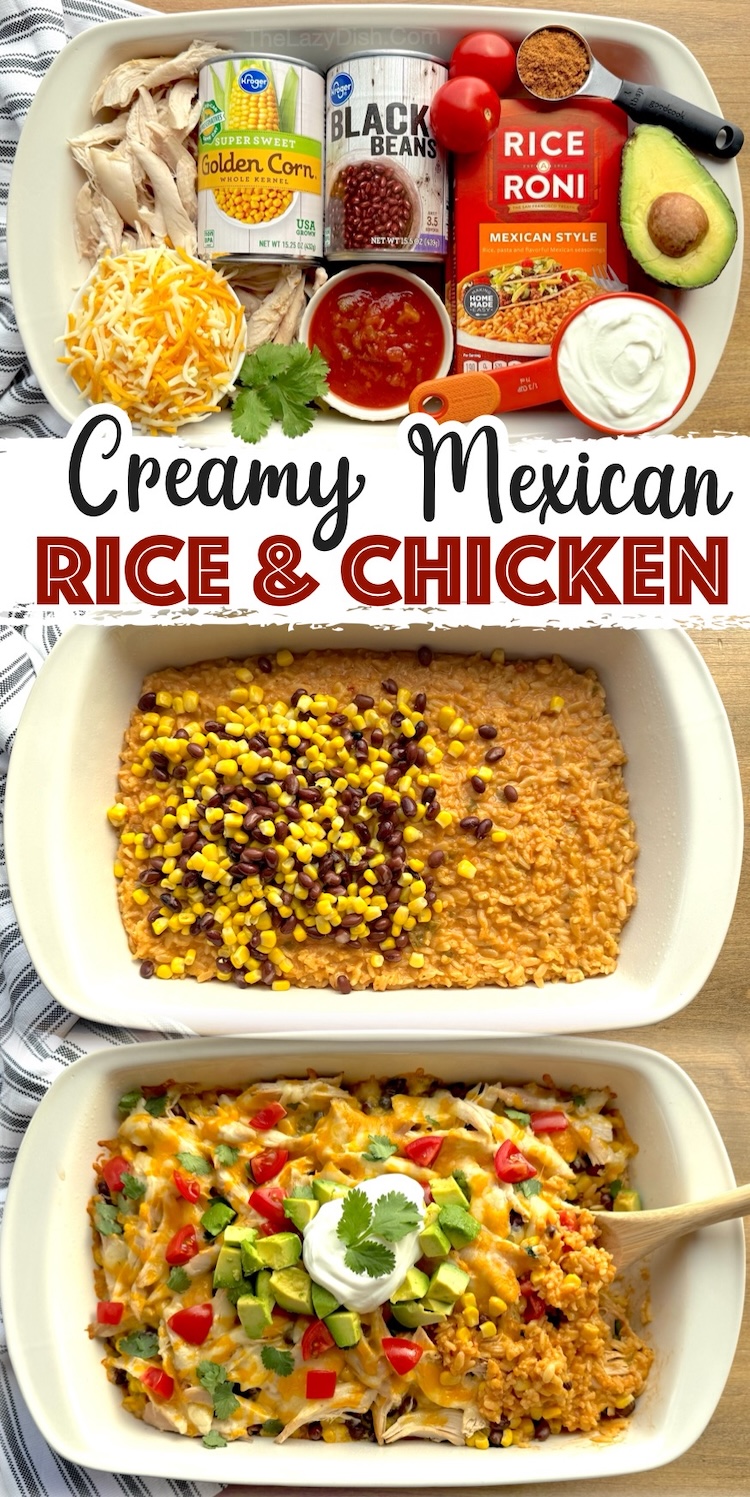 If you're looking for easy dinner casseroles to feed a large family or crowd, this cheesy Mexican rice and chicken bake is kid friendly, cheap to make, and versatile! As a bonus, it's quick and easy to make with simple ingredients plus the yummy toppings of your choice. My picky eaters love it!