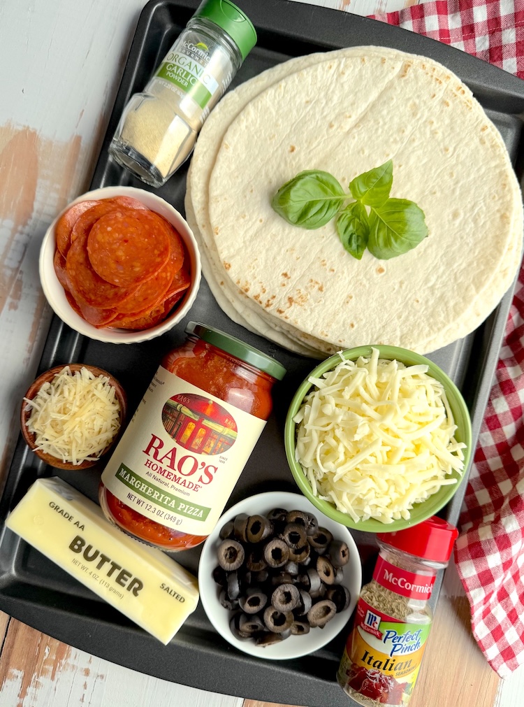 List of basic ingredients for making oven baked buttery pizza burritos with the stuffings of your choice. 