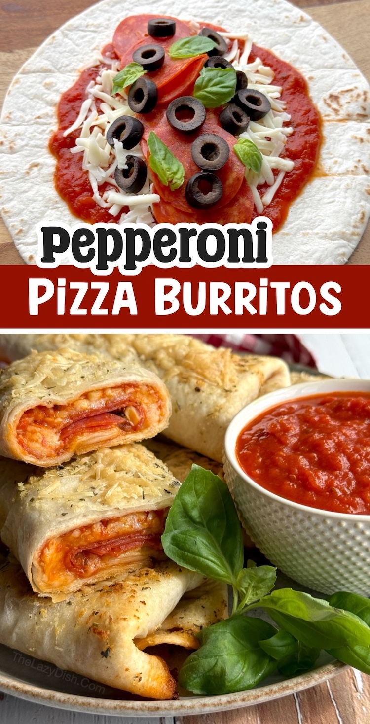 This easy pepperoni dinner idea is fun to make, kid friendly, versatile, and cheap to make with simple ingredients. Wrap all your favorite pizza ingredients into a flour tortillas, brush with garlic butter, and bake. 