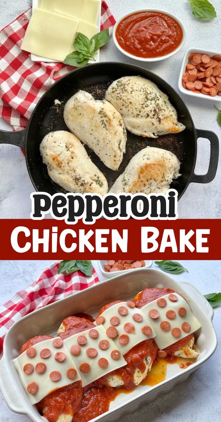 Chicken and pizza all wrapped up into one dish to make a low carb and yummy dinner for the entire family! Load this chicken up with lots of pepperoni, sauce, and cheese, along with any of your other favorite pizza toppings. This unique way of baking chicken is a hit with my family! So much healthier than traditional pizza. 