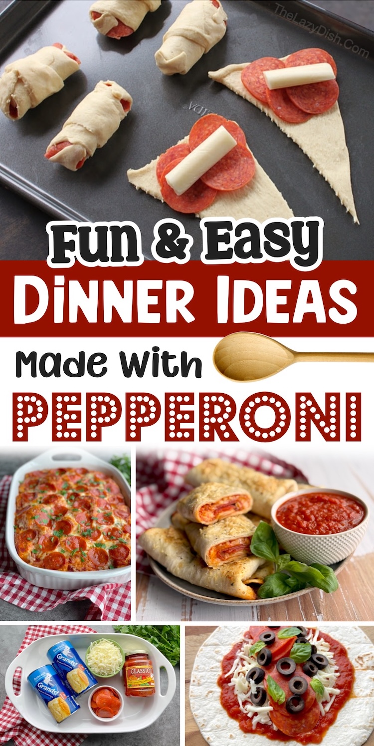 Yummy pepperoni dinner ideas for your family! I've rounded up a list of dinner ideas made with pepperoni and a few other simple and cheap ingredients. These quick and easy meals are kid friendly, fast to make for last minute dinners, fun and creative for picky eaters, and delicious of course! Unique ways to use pepperoni for dinner besides a traditional pizza. 