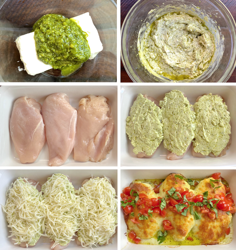 This easy chicken dinner recipe is made with a yummy mixture of cream cheese and basil pesto resulting in a flavorful way to bake chicken in the oven! My entire family loves this recipe and it's versatile because you can serve it alone, over pasta, with rice, or with potatoes. 