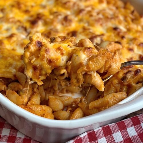 Baked cheeseburger casserole just out of the oven. A close up view of this delicious kid friendly comfort food for dinner!