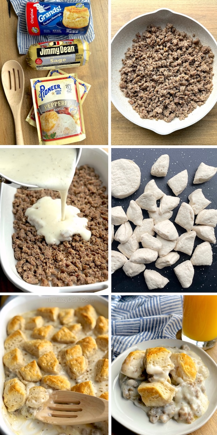 How to make the easiest biscuits and gravy breakfast casserole with no eggs! Just Pillsbury canned biscuits, ground pork sausage, and a packet or two of gravy mix. Super fast to make and feeds a crowd for brunch! This fun and simple recipe takes less than 10 minutes to prepare in the morning and will feed the entire family. 