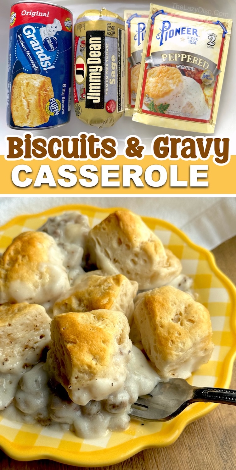 This shopping list or this easy family breakfast casserole includes Pillsbury canned biscuits, Jimmy Dean pork sausage, and store bought gravy mix. So simple and yet super tasty! My family loves this simple casserole for Sunday brunch and special occasions like birthdays and holiday mornings. 