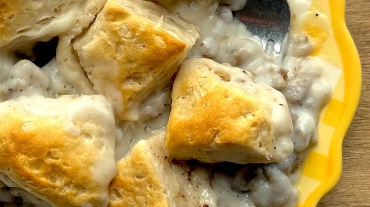 Close up view of a delicious comfort food breakfast for family gatherings. Easy and quick to make with just a few budget ingredients.