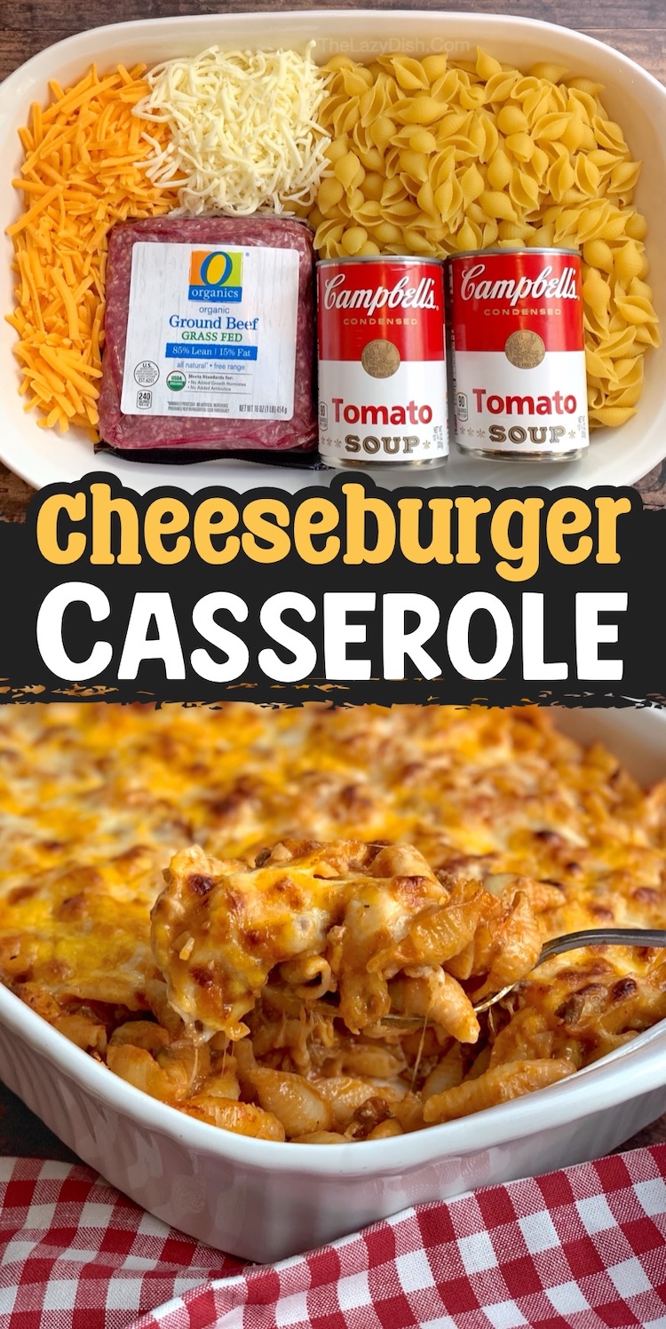 Number 9 on the List of Easy Ground Beef Dinner Ideas: This hamburger pasta casserole is made with just a handful of cheap ingredients, is quick to make on busy weeknights, and kid approved. The ingredients include any kind of pasta, tomato soup, ground beef, and lots of cheese. 