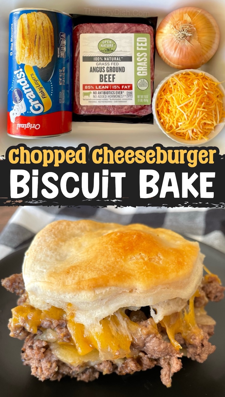 Number 5 on the List of Easy Ground Beef Dinner Ideas: Cheesy ground beef and onion topped with canned biscuits, baked until hot and golden brown. A yummy, budget friendly, and quick weeknight dinner for picky eaters. 