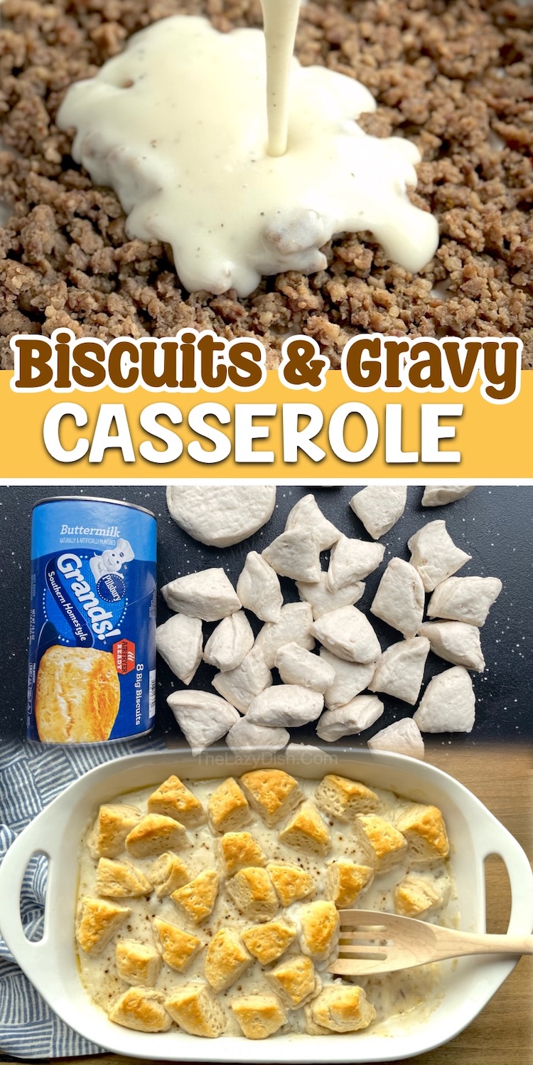 This 3 ingredient breakfast casserole is quick and easy to make, delicious, kid approved, and a unique breakfast idea for special occasions! We make this every year for the holidays including Christmas morning. It contains no eggs, just Pillsbury canned biscuits, pork sausage, and a few packets of gravy mix. 