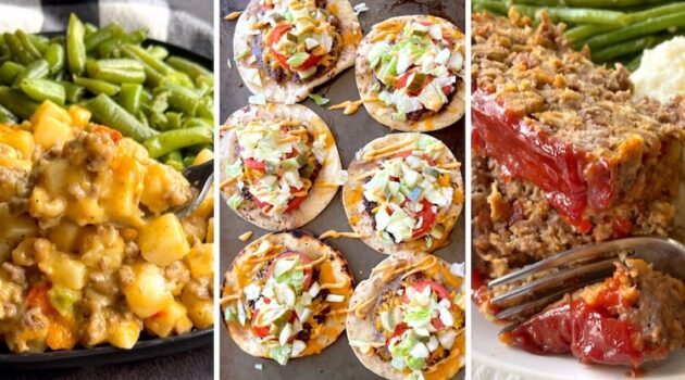 Roundup of delicious dinner recipes made with ground beef that your picky family will ask you to make again. Everything from casseroles and pastas to hamburger biscuits and tortilla burgers. Fun ideas besides spaghetti!