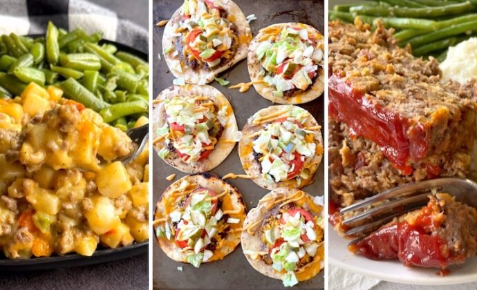 Roundup of delicious dinner recipes made with ground beef that your picky family will ask you to make again. Everything from casseroles and pastas to hamburger biscuits and tortilla burgers. Fun ideas besides spaghetti!