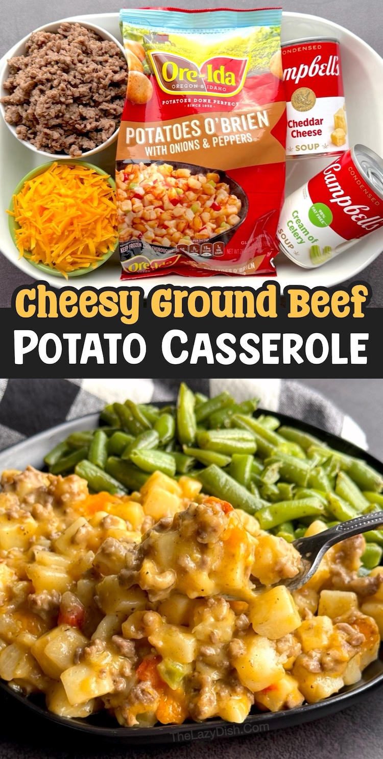 Number 1 on the List of Easy Ground Beef Dinner Ideas: A cheesy beef and potato casserole made with 5 budget friendly ingredients that are quick to prepare in a large 9x13 baking dish. Frozen potatoes, cheddar cheese, canned soup, ground beef, and seasoning of choice. A comfort food dinner for a large family with kids. 