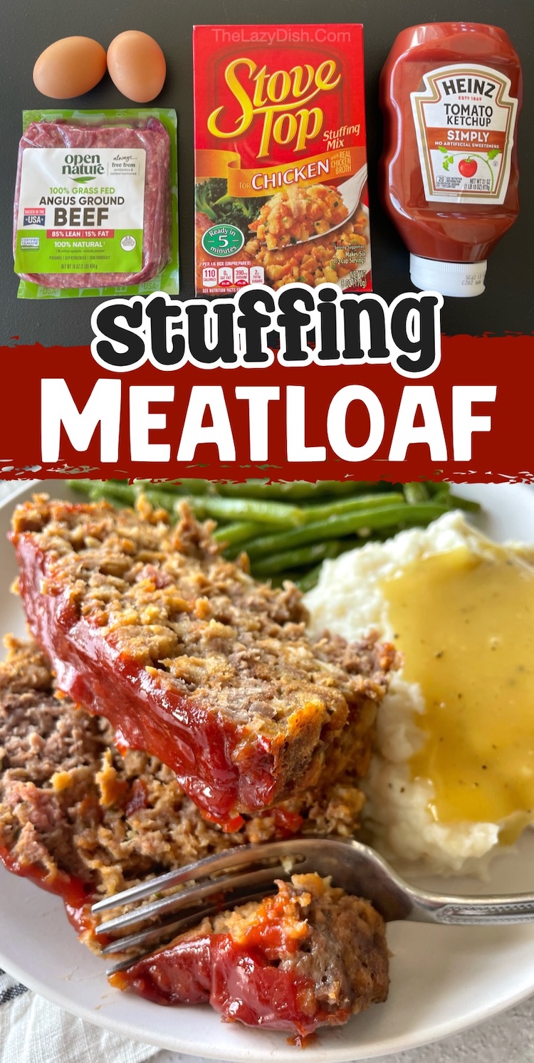 Number 6 on the List of Easy Ground Beef Dinner Ideas: Delicious meatloaf made with a box of Stovetop stuffing, eggs, and ketchup. An easy dinner recipe to serve with mashed potatoes and a side of your favorite vegetables. This classic dinner recipe is a family favorite comfort food. 