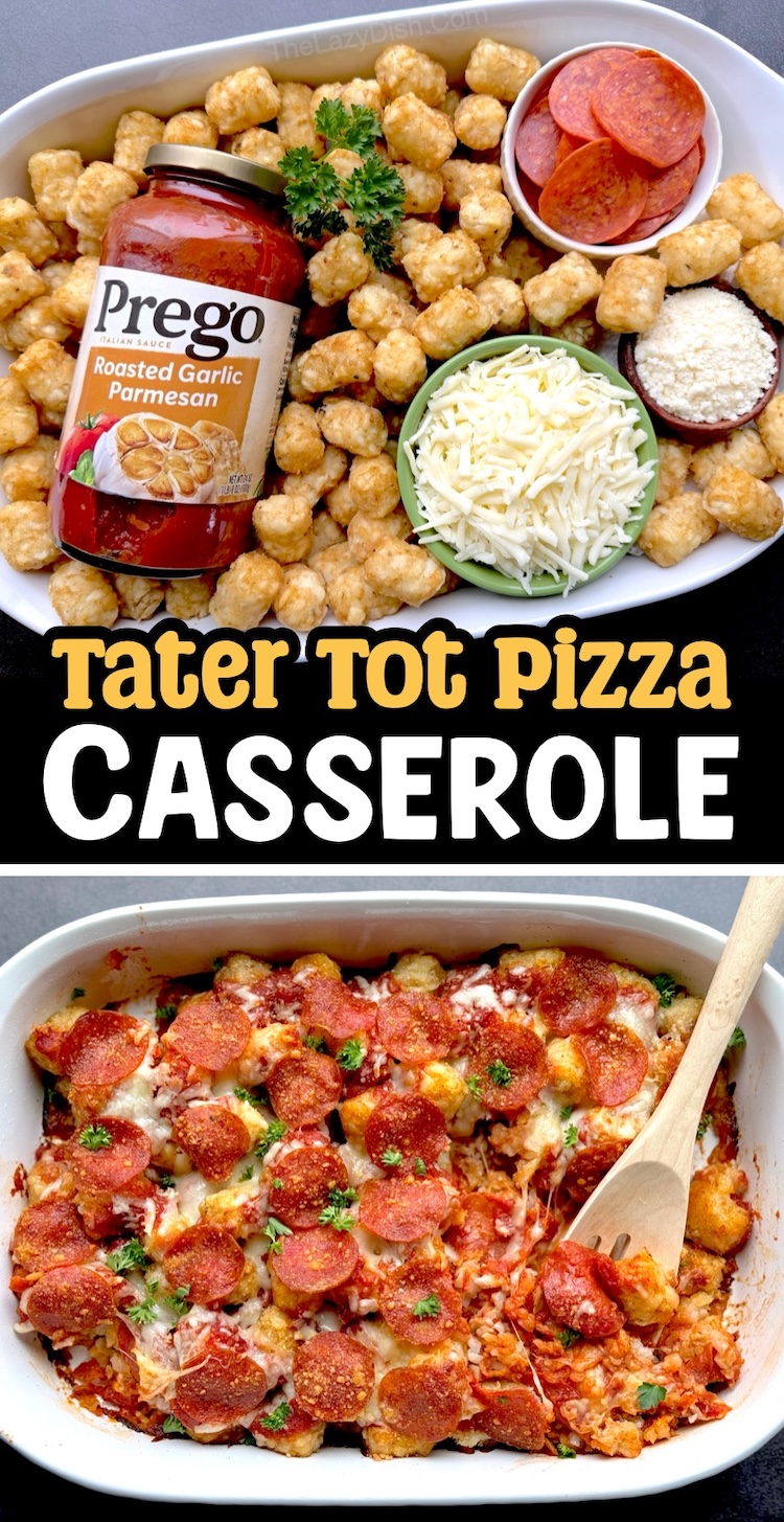 Frozen Tater Tot Pizza Casserole is a simple weeknight meal that's quick and easy to make with cheap ingredients. It's low prep, versatile, and kid friendly, making for a fast dinner for busy school nights. Absolutely crazy delicious comfort food any mom or dad will want to make again and again. 