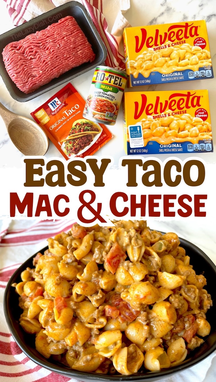 Number 7 on the List of Easy Ground Beef Dinner Ideas: Cheesy Taco Beef and Macaroni! A quick and easy meal to whip up on busy weeknights for picky kids of all ages. Just combine a few boxes of Velveeta macaroni with a pound of taco seasoned ground beef along with a can of tomatoes. The combination is an awesome and creative family dinner on a budget. 