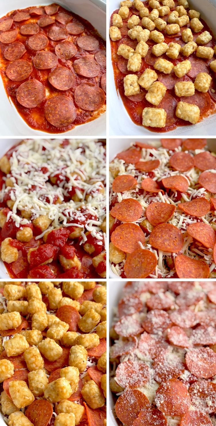 Easy cheap 5 ingredient dump and bake dinner made with tater tots and pizza ingredients. 