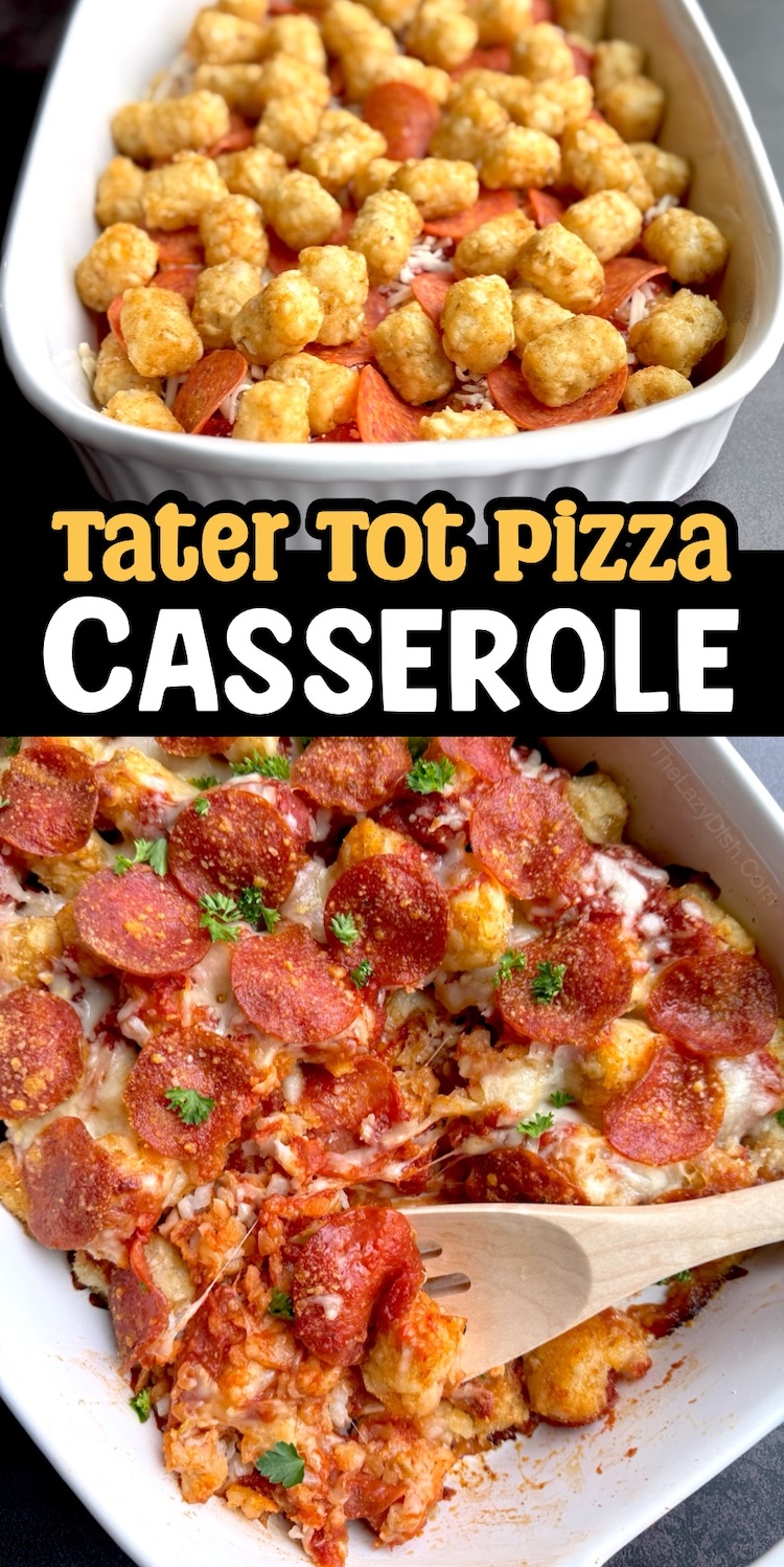 A dump and bake dinner made with just a few budget ingredients. This simple weeknight dinner consists of frozen tater tots layered in a 9x13 baking dish with pasta sauce, cheese, and pepperoni. It's fast to prepare in just one dish leaving hardly any dishes to wash. Great for busy moms and dads on a budget with picky eaters. 