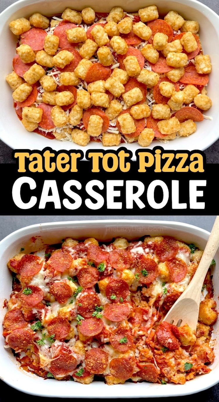 This family dinner recipe is super easy to make with just a few basic ingredients. Simply place frozen tater tots, pasta sauce, cheese, and pepperoni in a large casserole dish, bake, and enjoy with your family on busy school nights. A yummy comfort food recipe for picky eaters of all ages. 