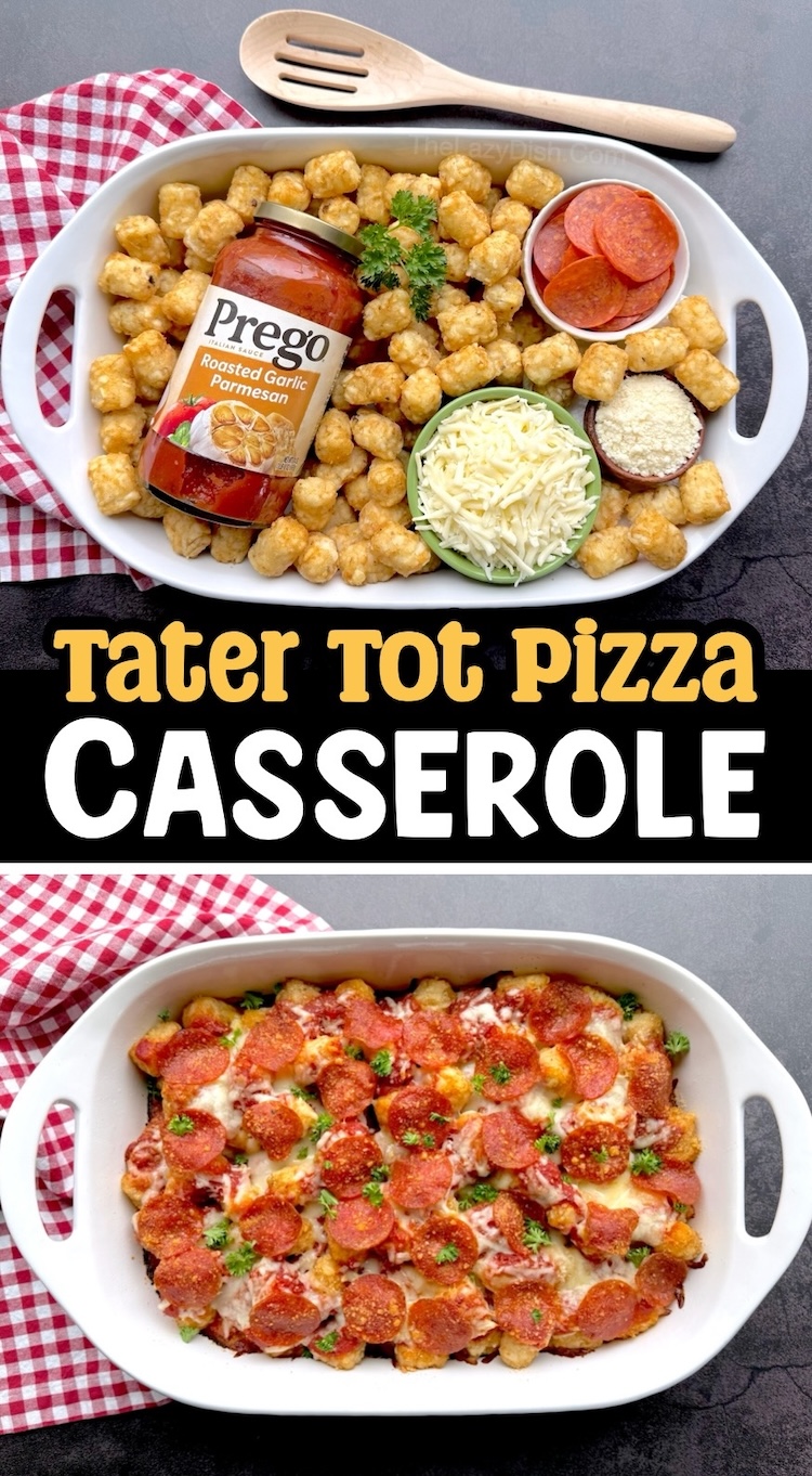 This low prep dinner recipe consists of just 4 cheap ingredients including frozen tater tots, pepperoni, pasta sauce, and lots of gooey cheese. A quick and easy meal for a large family with picky kids to feed. Just one dish to wash, cheap to make, versatile, and super yummy. 