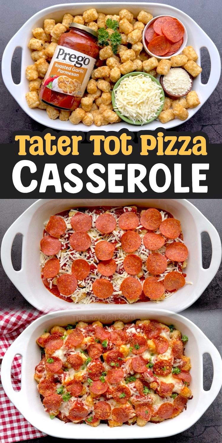 Step by step instructions on how to make a delicious frozen tater tot dinner casserole with yummy pizza ingredients including pepperoni, mozzarella, and sauce. A quick and easy dump and bake meal for a family with picky eaters to feed made with cheap and common staples. 